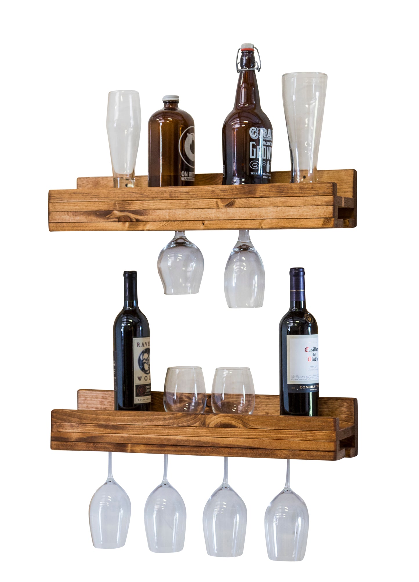 Set of 2 Wall Mounted Wine Racks with Side-Load Stemware Holder, Solid Wood Floating Shelves with Glass Storage