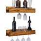 Set of 2 Wall Mounted Wine Racks with Side-Load Stemware Holder, Solid Wood Floating Shelves with Glass Storage