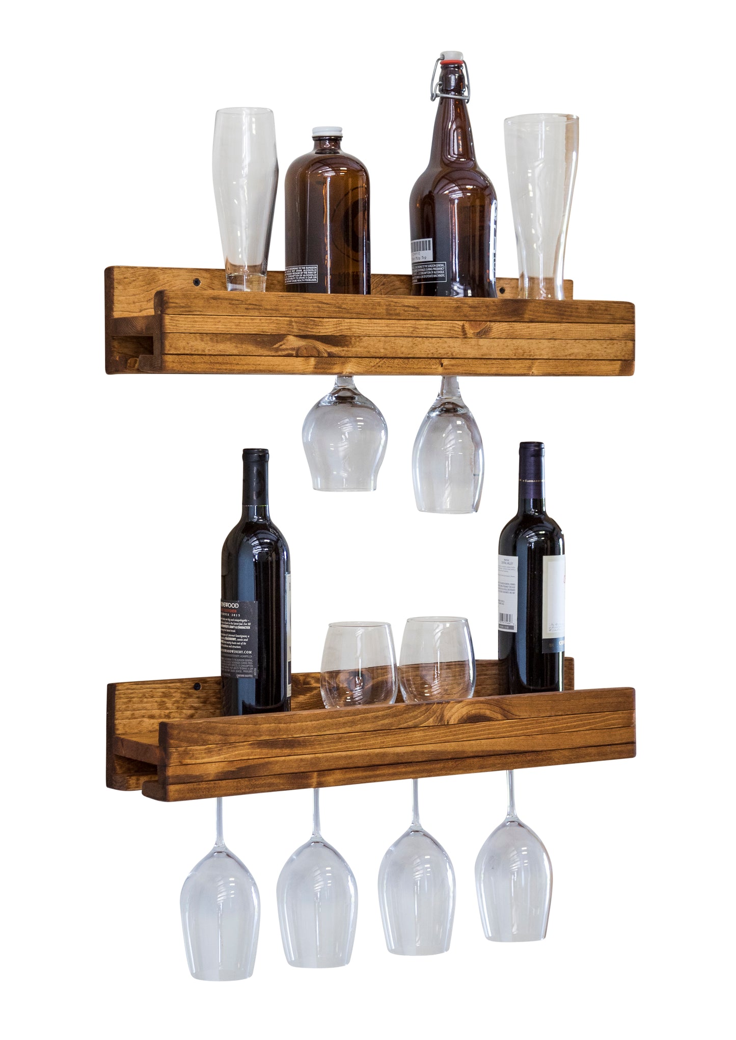 Set of 2 Wall Mounted Wine Racks with Side-Load Stemware Holder, Solid Wood Floating Shelves with Glass Storage