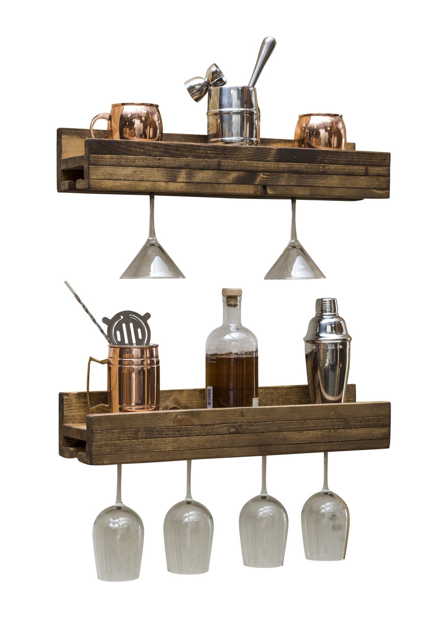 Set of 2 Wall Mounted Wine Racks with Side-Load Stemware Holder, Solid Wood Floating Shelves with Glass Storage