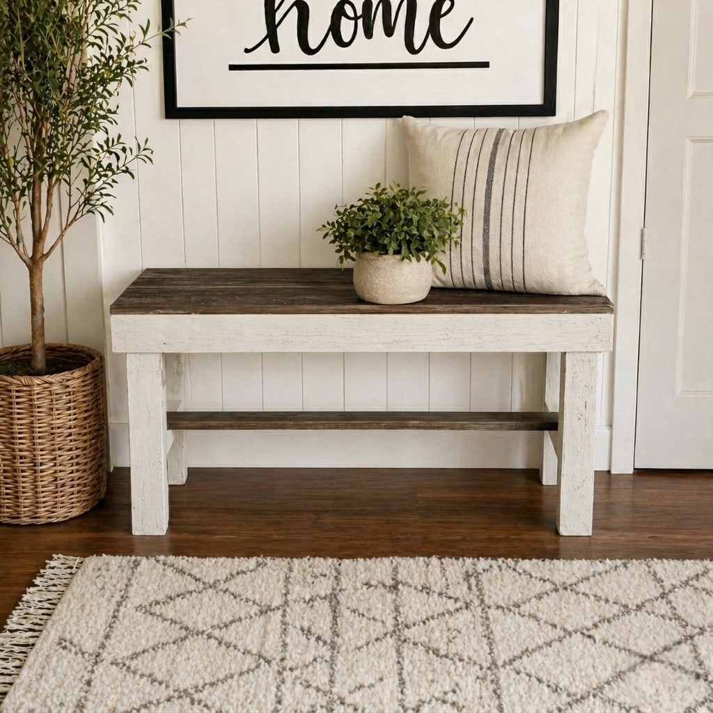 Rustic Wood Small Entryway Bench: Handcrafted Solid Wood Compact Bench – Farmhouse Mudroom Seating