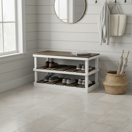 Rustic Wood Entryway Two-Tier Shoe Rack Bench: Solid Pine Boot Organizer & Bench – Handcrafted Farmhouse Storage