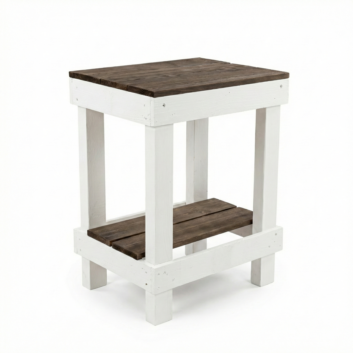 Rustic farmhouse solid wood handmade end table with open shelves and natural finish next to gray sofa.