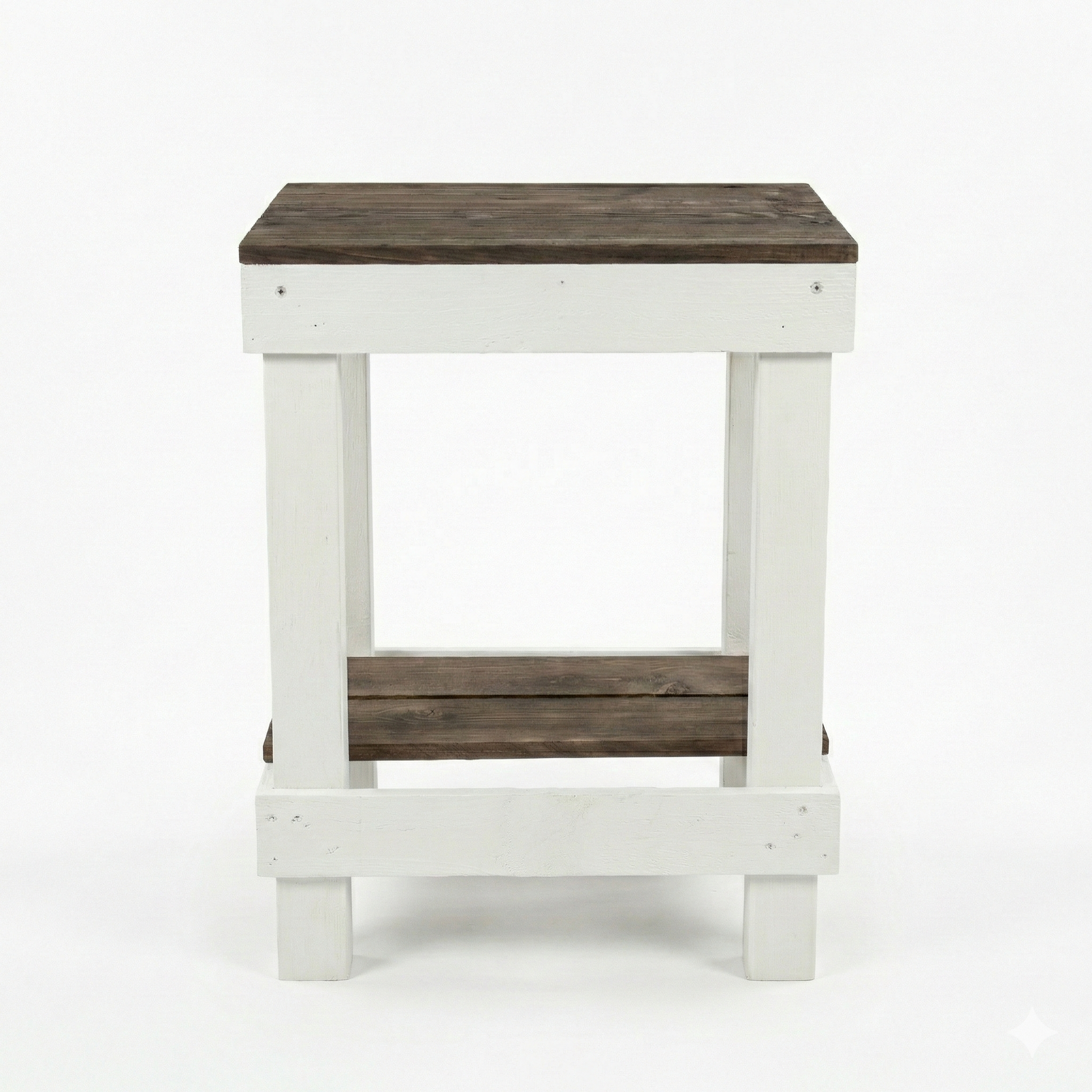 Rustic farmhouse solid wood handmade end table with open shelves and natural finish next to gray sofa.