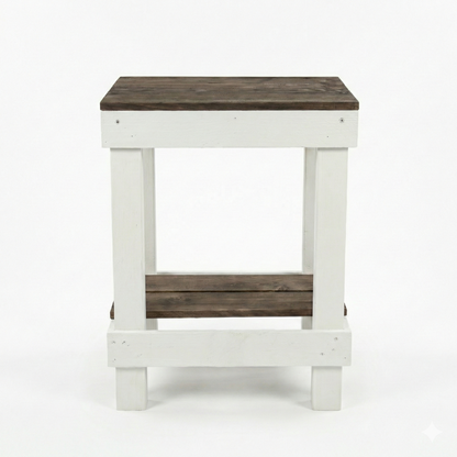 Rustic farmhouse solid wood handmade end table with open shelves and natural finish next to gray sofa.