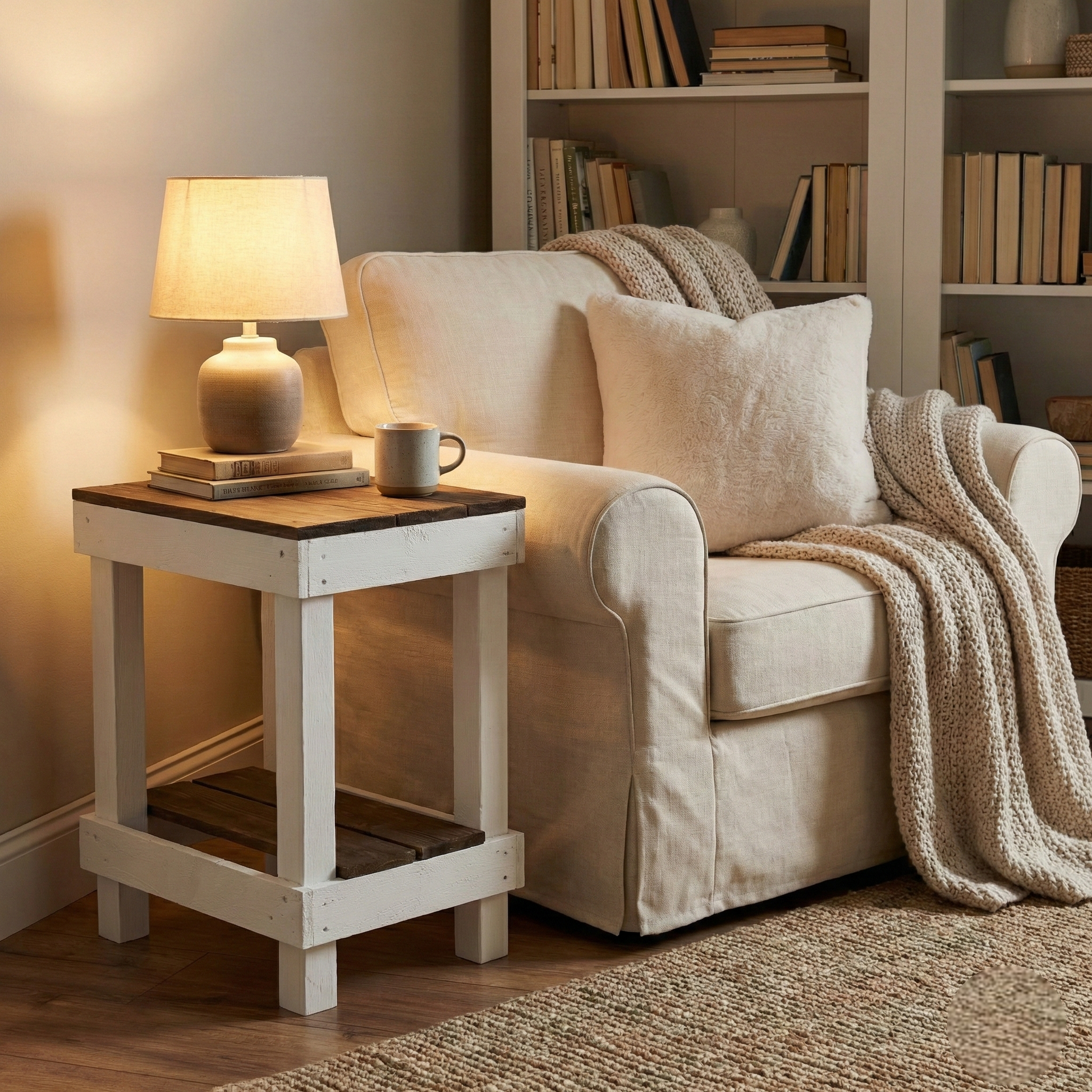 Rustic farmhouse solid wood handmade end table with open shelves and natural finish next to gray sofa.