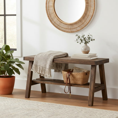Farmhouse Olive Branch Solid Pine Wood Entry Bench: Handcrafted Rustic Entryway Seating – Solid Pine Wood Farmhouse Bench