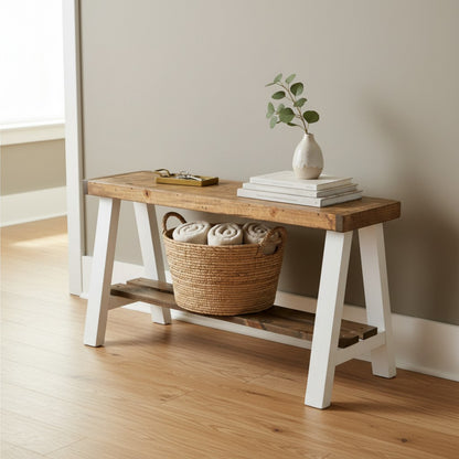 Farmhouse Olive Branch Solid Pine Wood Entry Bench: Handcrafted Rustic Entryway Seating – Solid Pine Wood Farmhouse Bench