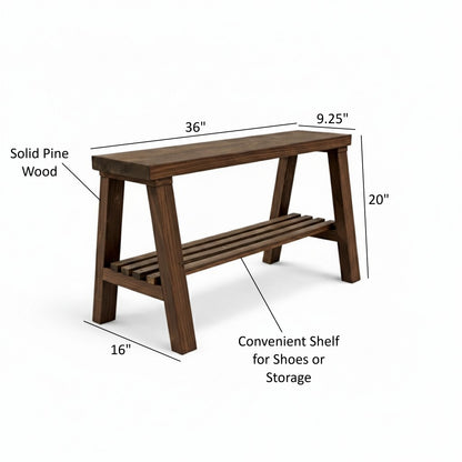 Solid Pine Wood Contemporary Shelf Storage Entryway Bench: Handcrafted Modern Farmhouse Bench with Storage Shelf – Solid Pine Wood Seating