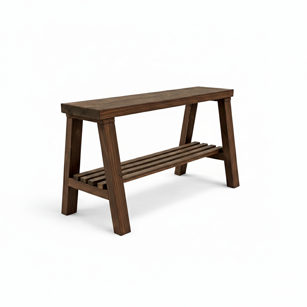 Solid wood furniture entryway bench with dark walnut top, white legs, and lower floating shelf in modern rustic style.