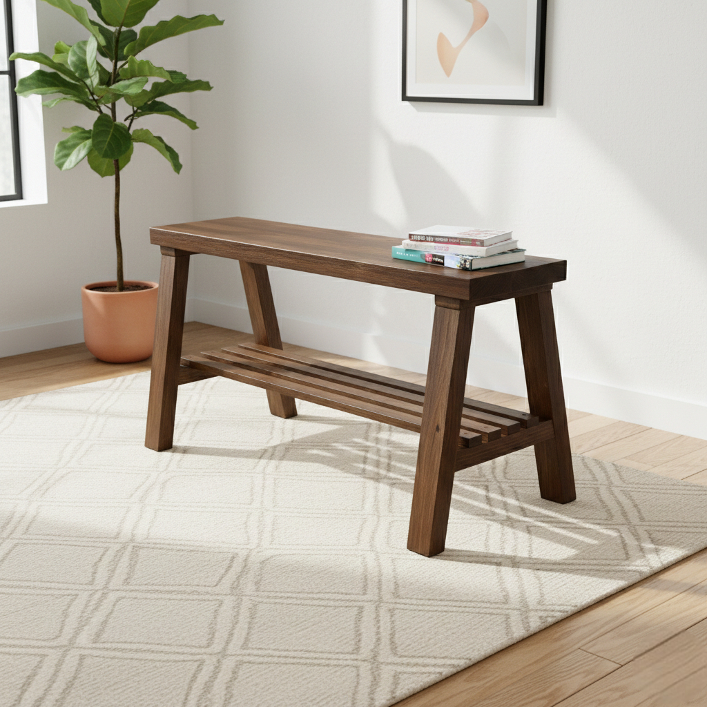 Solid wood furniture entryway bench with dark walnut top, white legs, and lower floating shelf in modern rustic style.