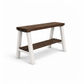 Solid wood furniture entryway bench with dark walnut top, white legs, and lower floating shelf in modern rustic style.