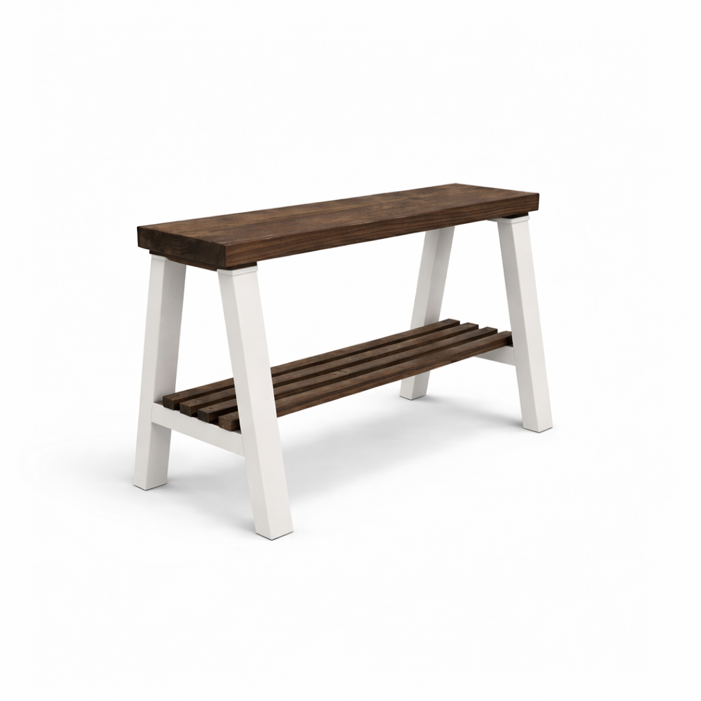 Solid wood furniture entryway bench with dark walnut top, white legs, and lower floating shelf in modern rustic style.