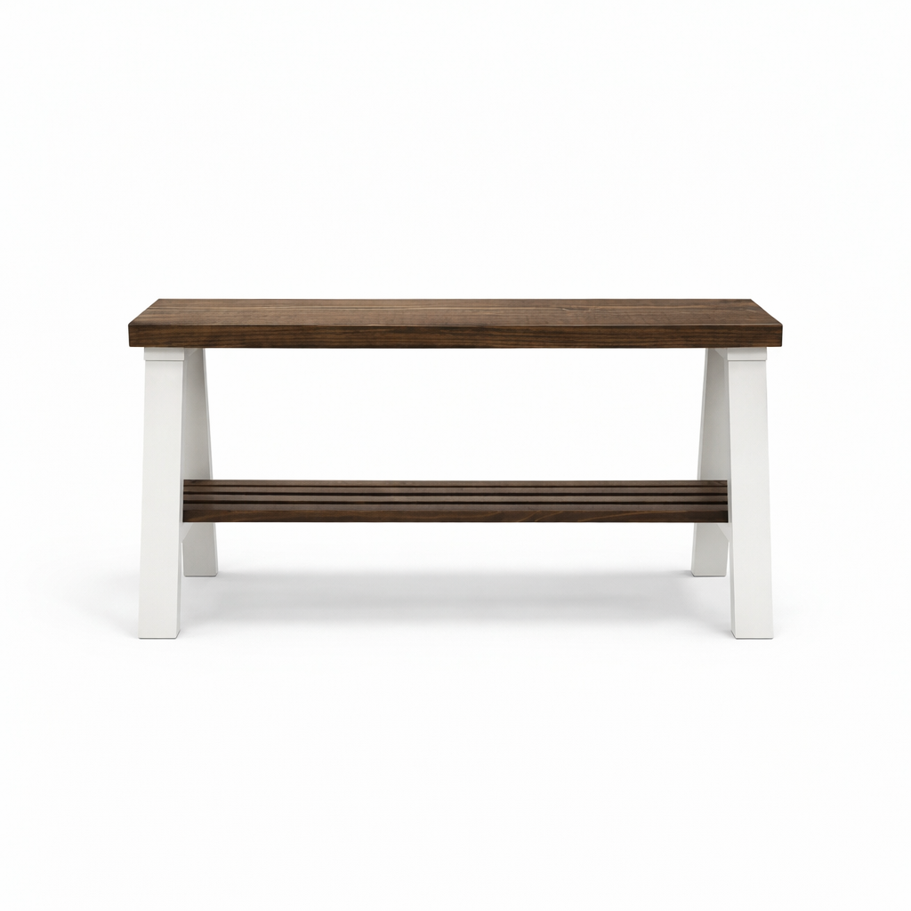 Solid wood furniture entryway bench with dark walnut top, white legs, and lower floating shelf in modern rustic style.