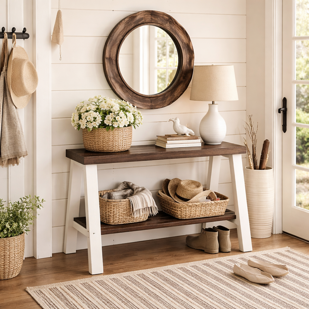 Solid wood furniture entryway bench with dark walnut top, white legs, and lower floating shelf in modern rustic style.