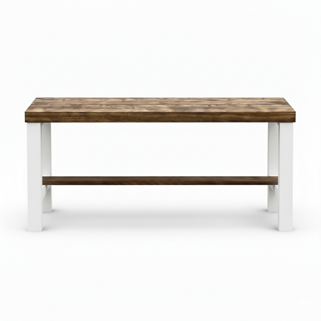 Rustic solid wood entryway bench in grey and white, handmade wood furniture with modern rustic style.