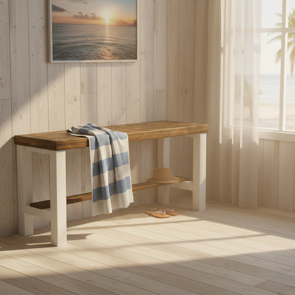 Rustic solid wood entryway bench in grey and white, handmade wood furniture with modern rustic style.
