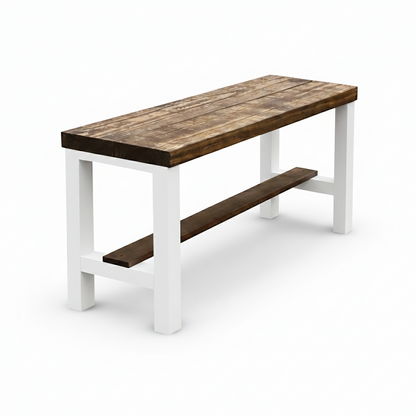 Rustic solid wood entryway bench in grey and white, handmade wood furniture with modern rustic style.