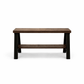 Solid wood furniture entryway bench with dark walnut top, white legs, and lower floating shelf in modern rustic style.