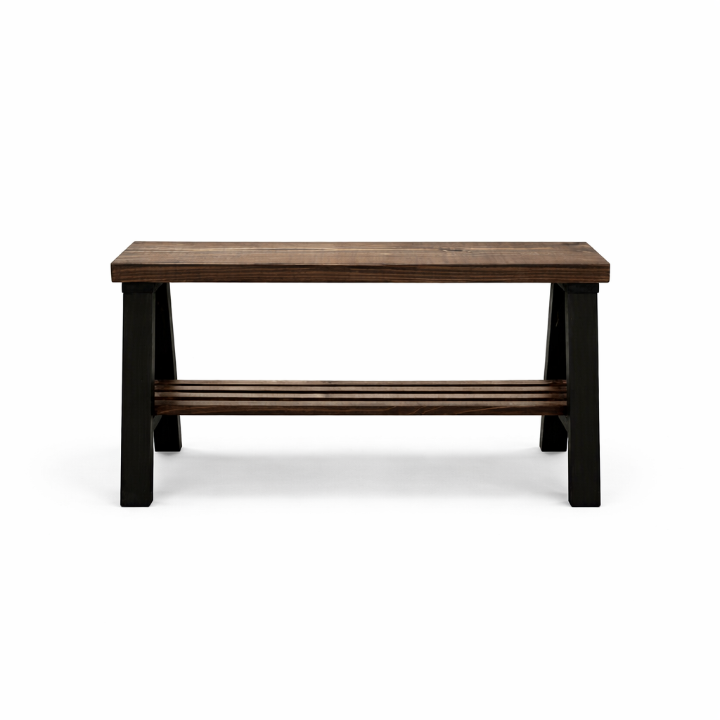 Solid wood furniture entryway bench with dark walnut top, white legs, and lower floating shelf in modern rustic style.
