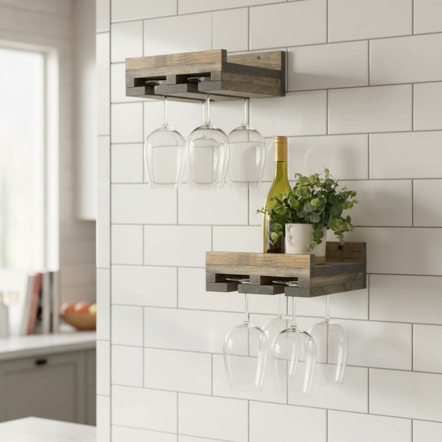 Solid Wood Wall Mounted Wine Rack with Stemware Shelf (Set of 2) - Cask & Timber: Handcrafted Floating Wine Racks with Glass Storage