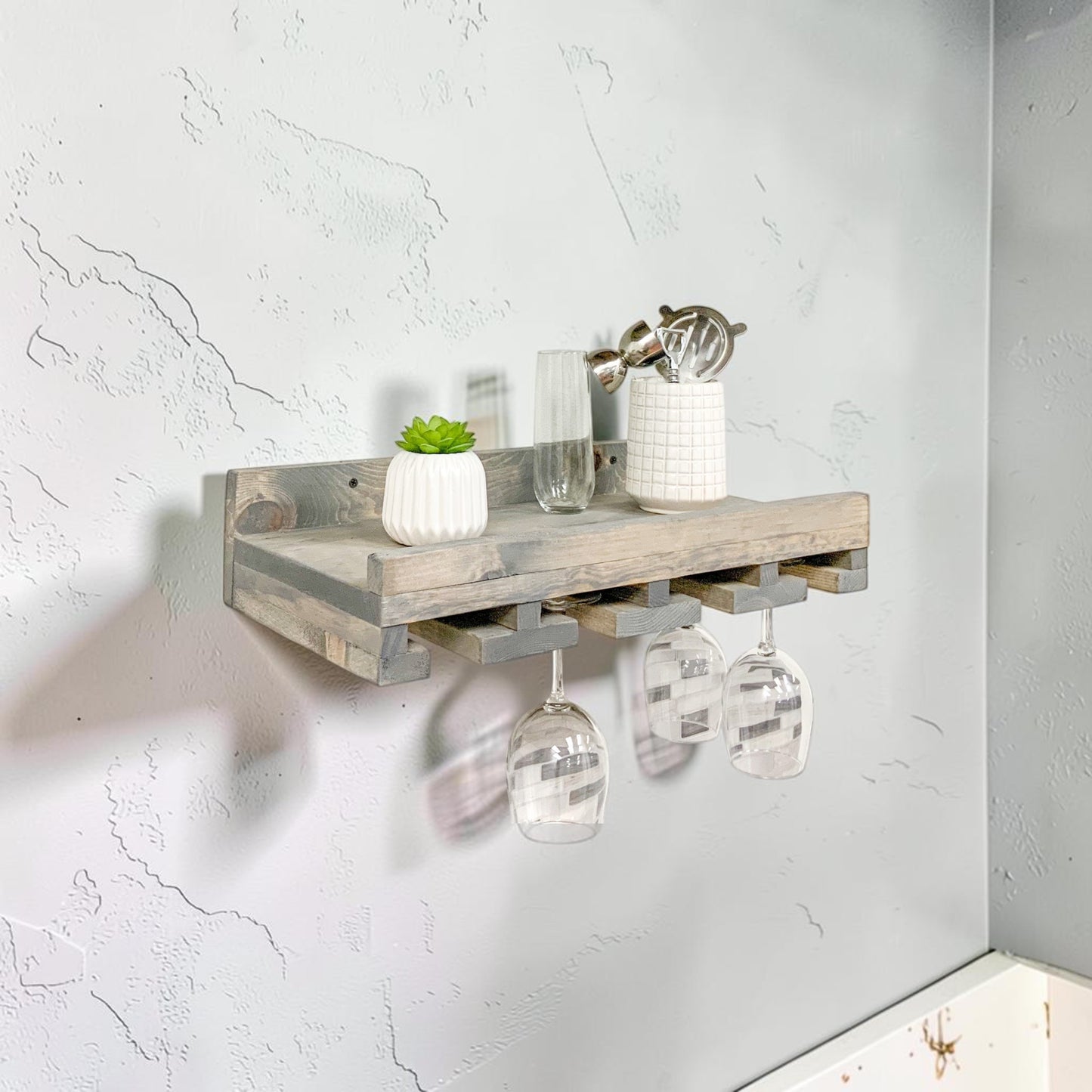 Cask & Timber Stemware Wine Glass Rack: Handcrafted Solid Wood Stemware Holder – Wall Mounted Rustic Bar Storage