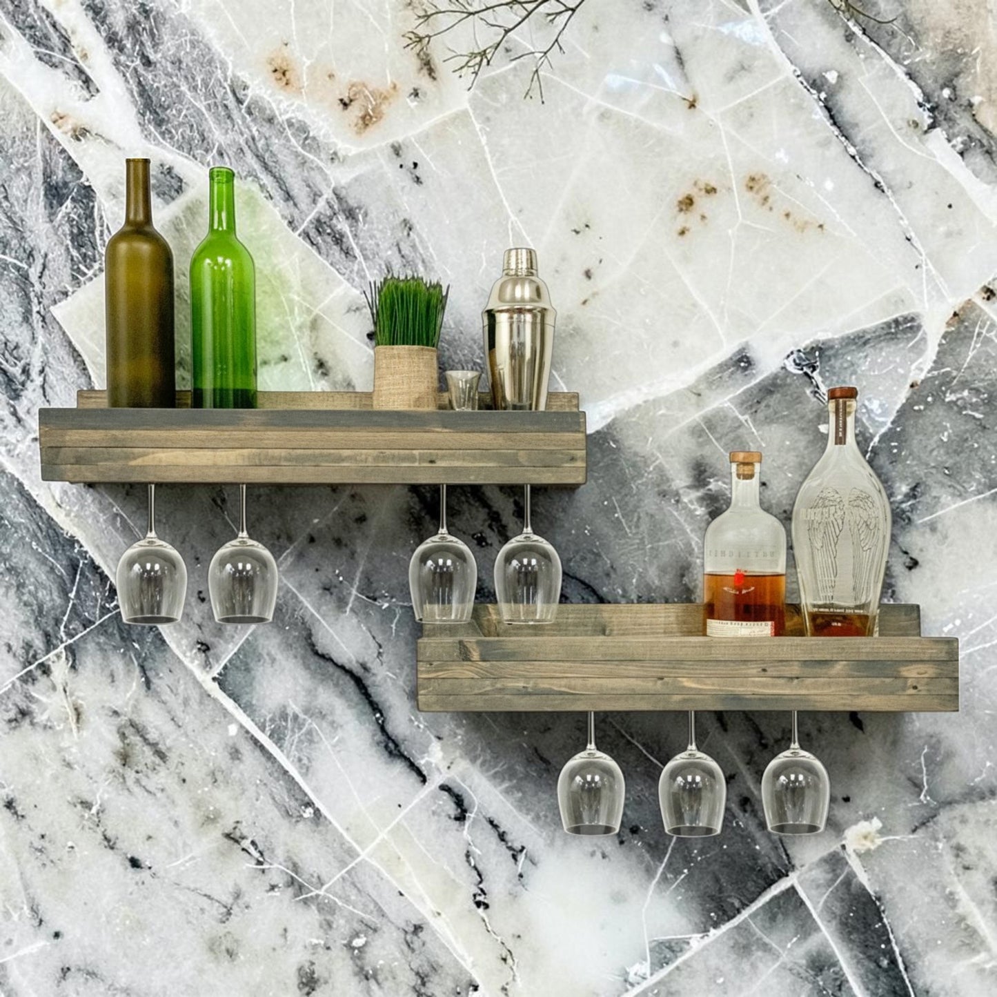 Set of 2 Wall Mounted Wine Racks with Side-Load Stemware Holder, Solid Wood Floating Shelves with Glass Storage