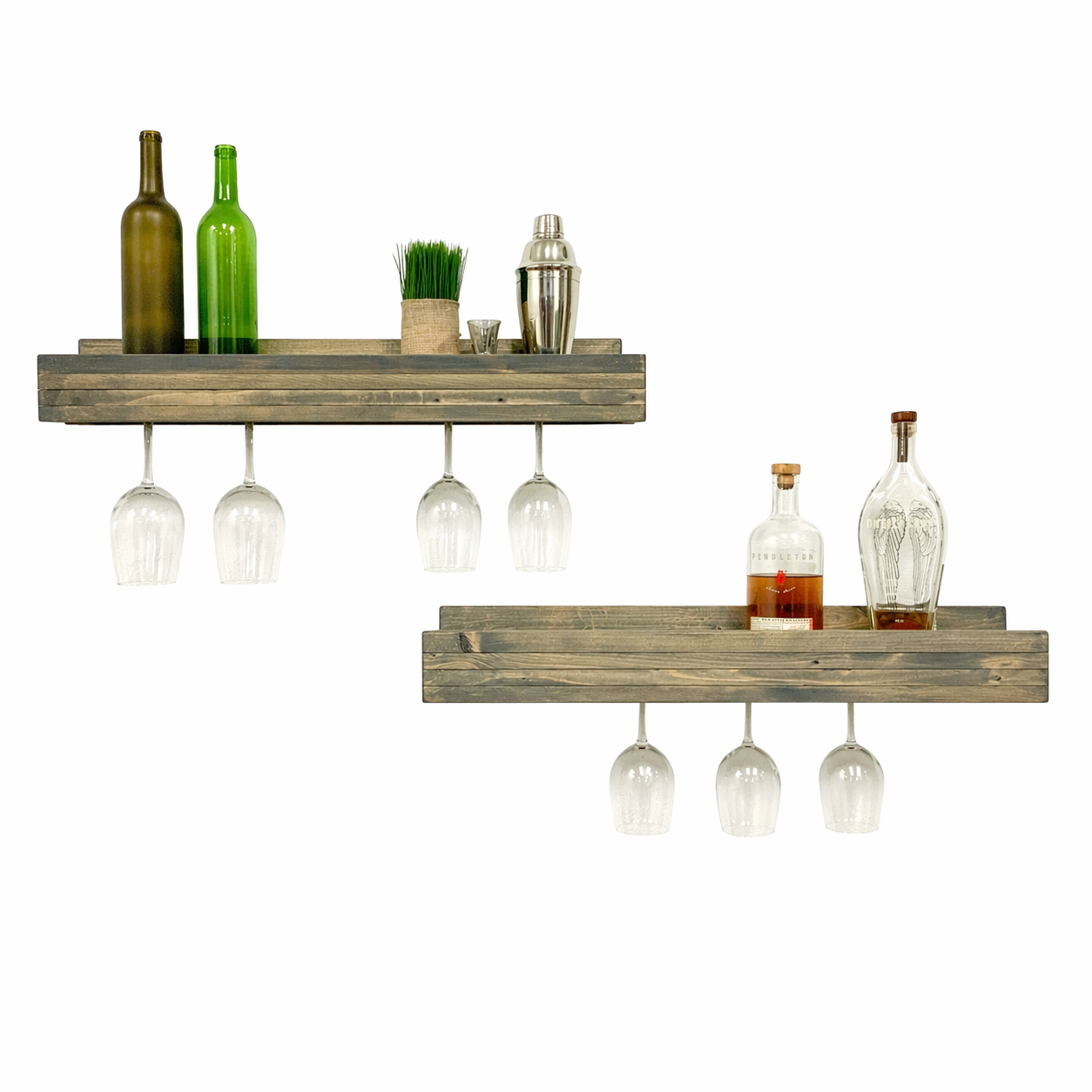 Set of 2 Wall Mounted Wine Racks with Side-Load Stemware Holder, Solid Wood Floating Shelves with Glass Storage