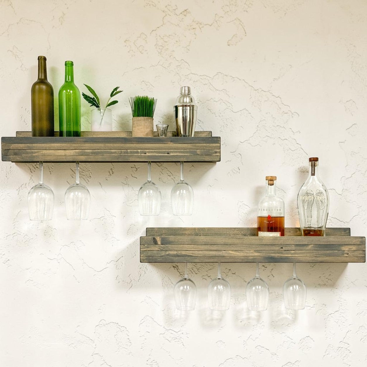 Set of 2 Wall Mounted Wine Racks with Side-Load Stemware Holder, Solid Wood Floating Shelves with Glass Storage