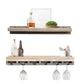 Wall mounted solid wood wine rack with stemware storage and rustic floating shelf in dark walnut finish.