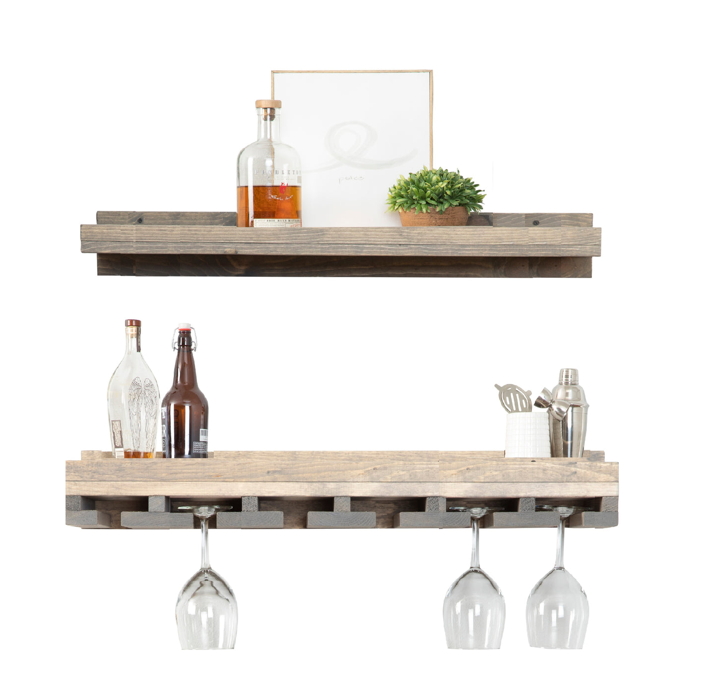 Wall mounted solid wood wine rack with stemware storage and rustic floating shelf in dark walnut finish.