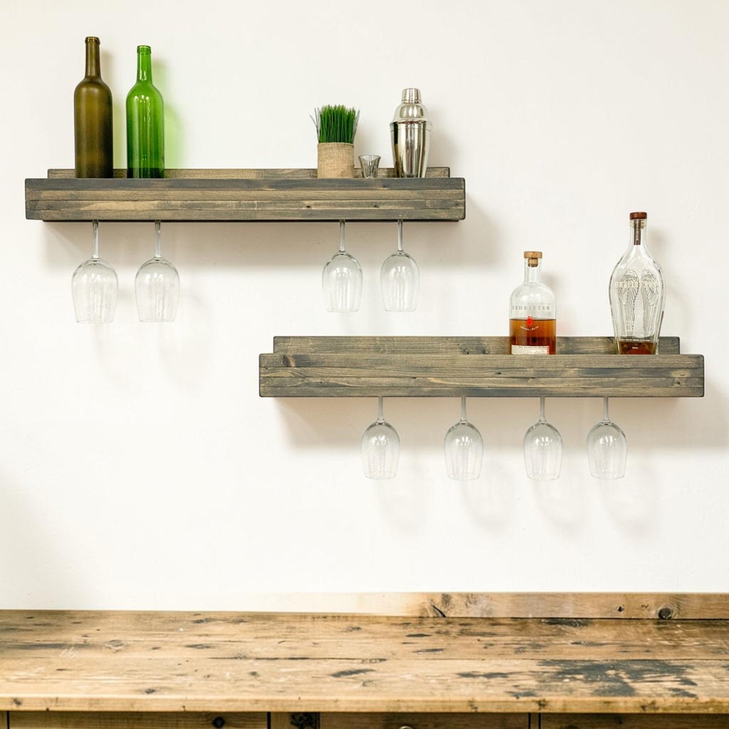 Set of 2 Wall Mounted Wine Racks with Side-Load Stemware Holder, Solid Wood Floating Shelves with Glass Storage