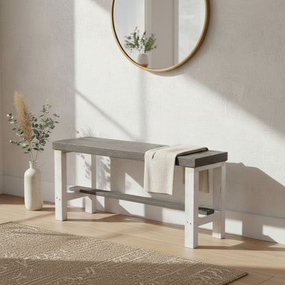 Rustic solid wood entryway bench in grey and white, handmade wood furniture with modern rustic style.