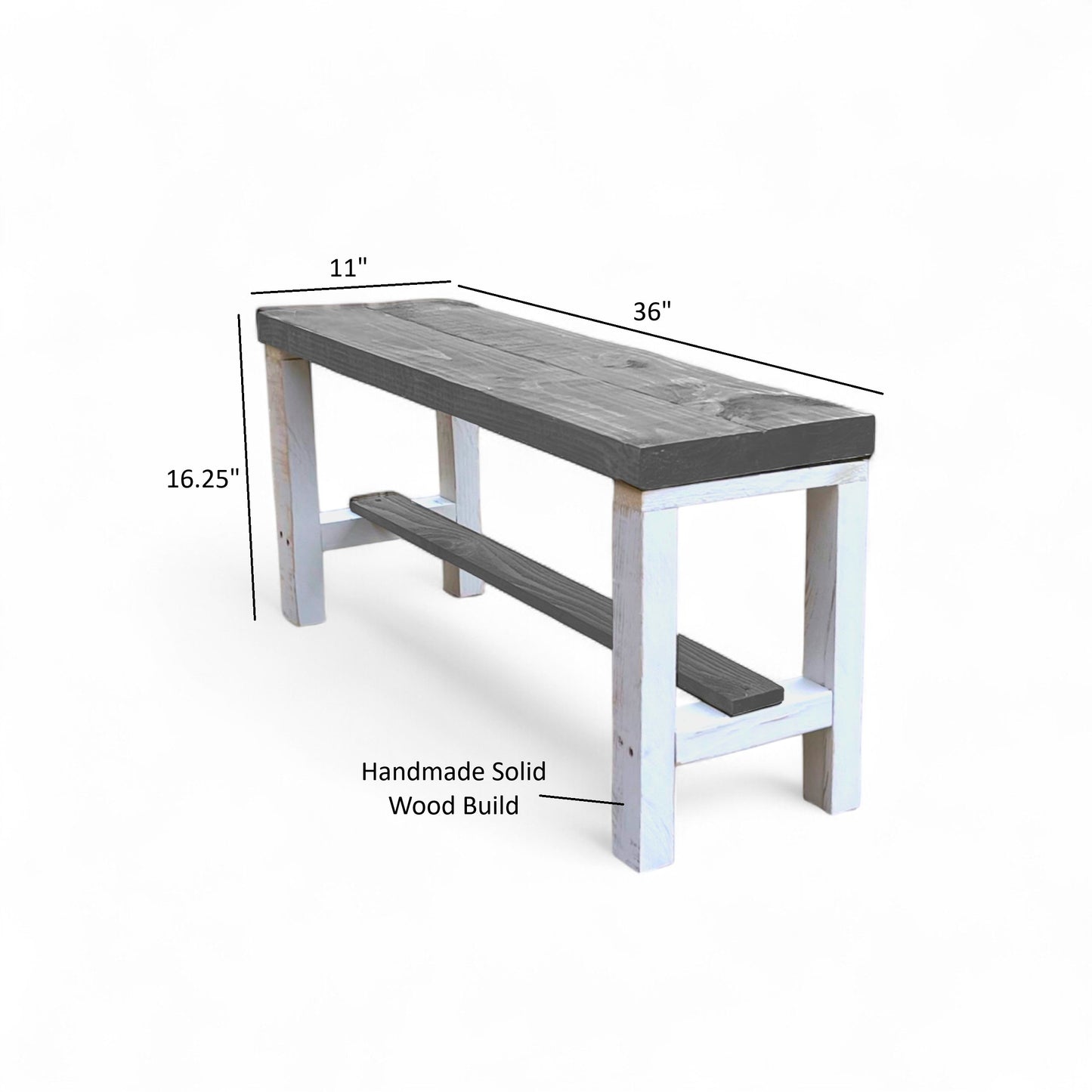 Rustic solid wood entryway bench in grey and white, handmade wood furniture with modern rustic style.