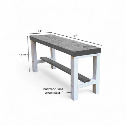 Rustic solid wood entryway bench in grey and white, handmade wood furniture with modern rustic style.