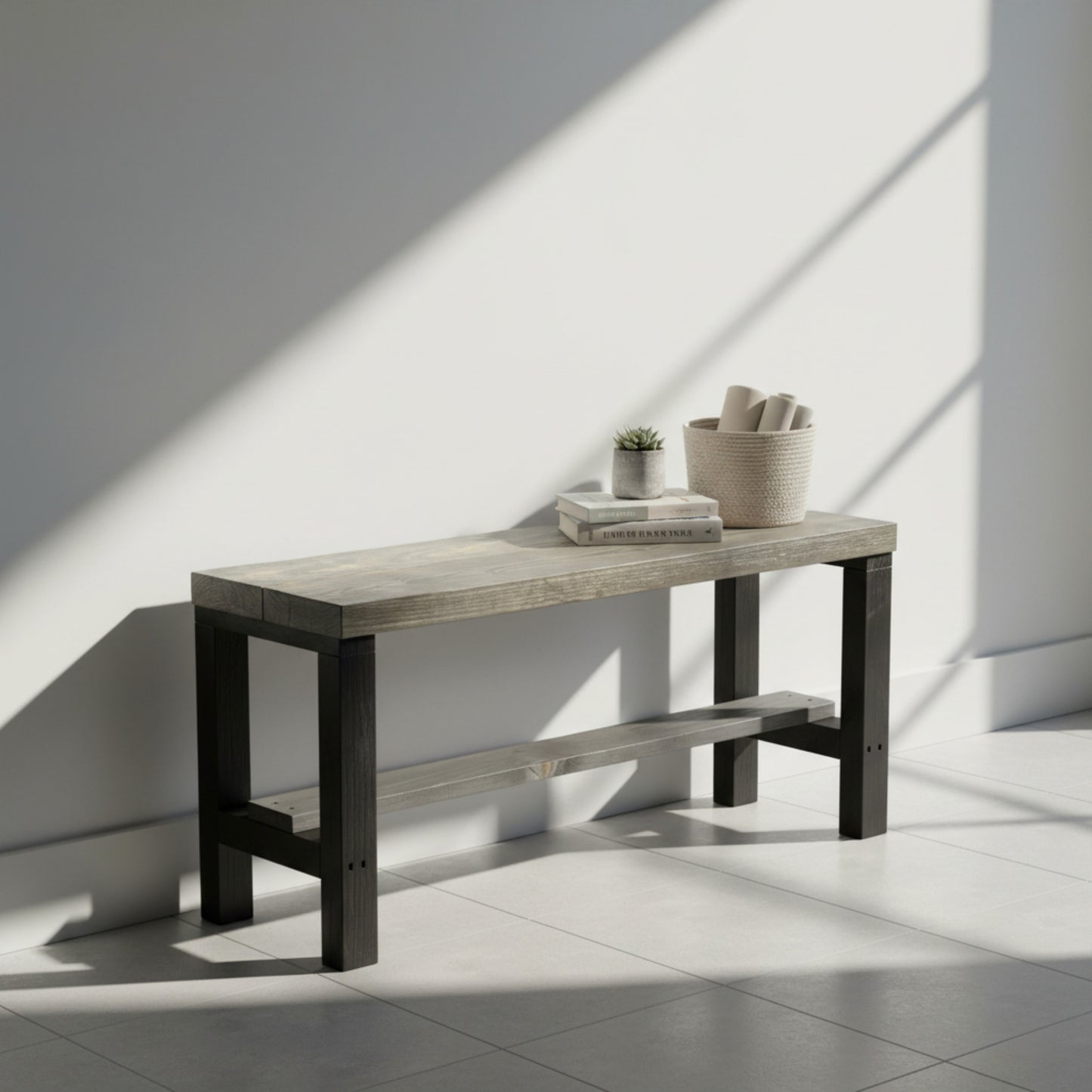 Rustic solid wood entryway bench in grey and white, handmade wood furniture with modern rustic style.