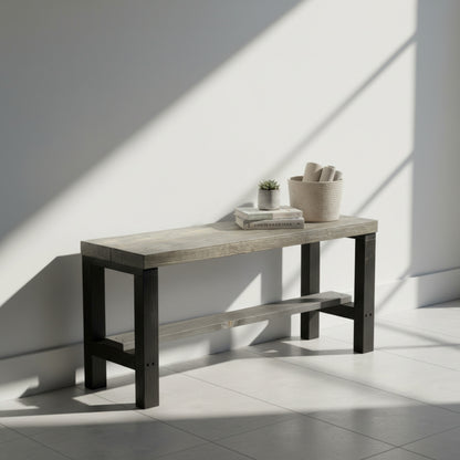 Rustic solid wood entryway bench in grey and white, handmade wood furniture with modern rustic style.