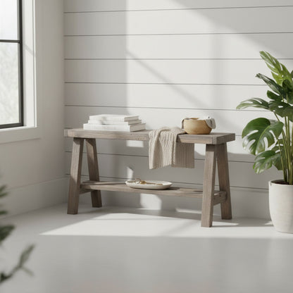 Farmhouse Olive Branch Solid Pine Wood Entry Bench: Handcrafted Rustic Entryway Seating – Solid Pine Wood Farmhouse Bench
