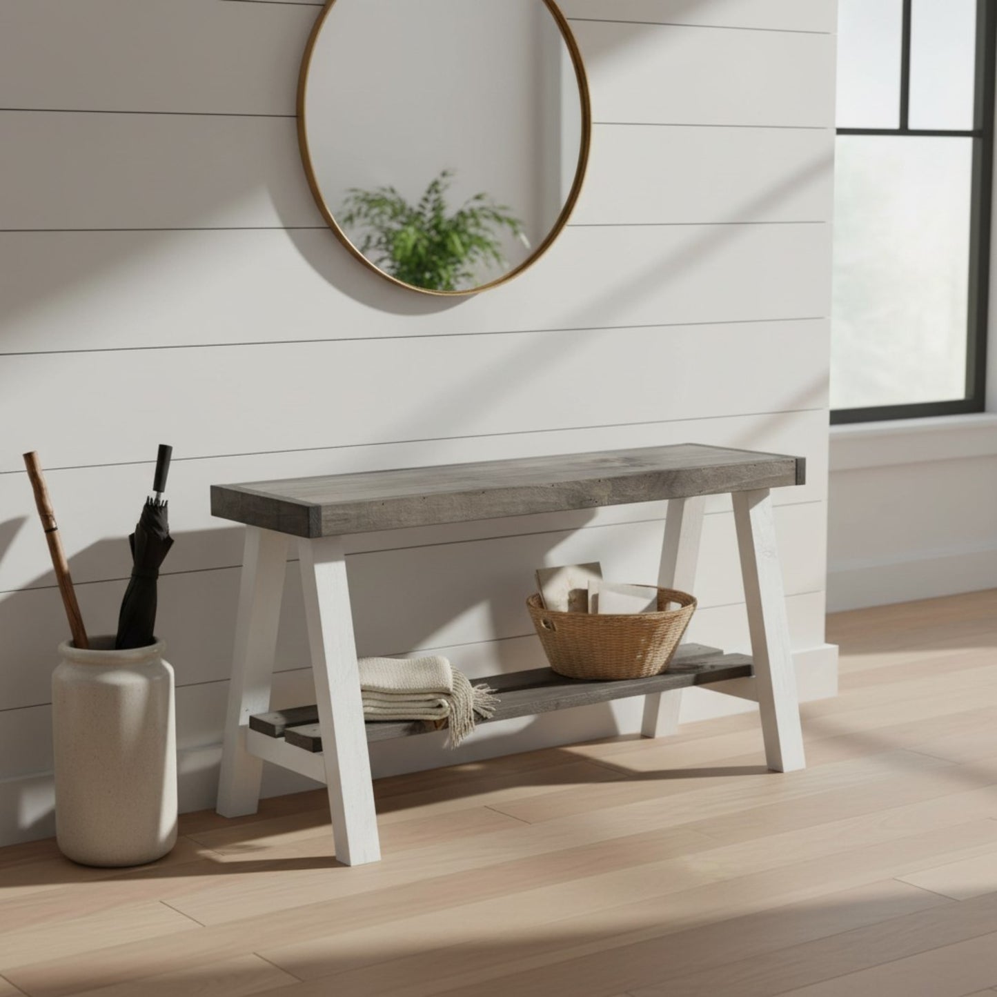 Farmhouse Olive Branch Solid Pine Wood Entry Bench: Handcrafted Rustic Entryway Seating – Solid Pine Wood Farmhouse Bench