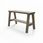 Solid wood furniture entryway bench with dark walnut top, white legs, and lower floating shelf in modern rustic style.