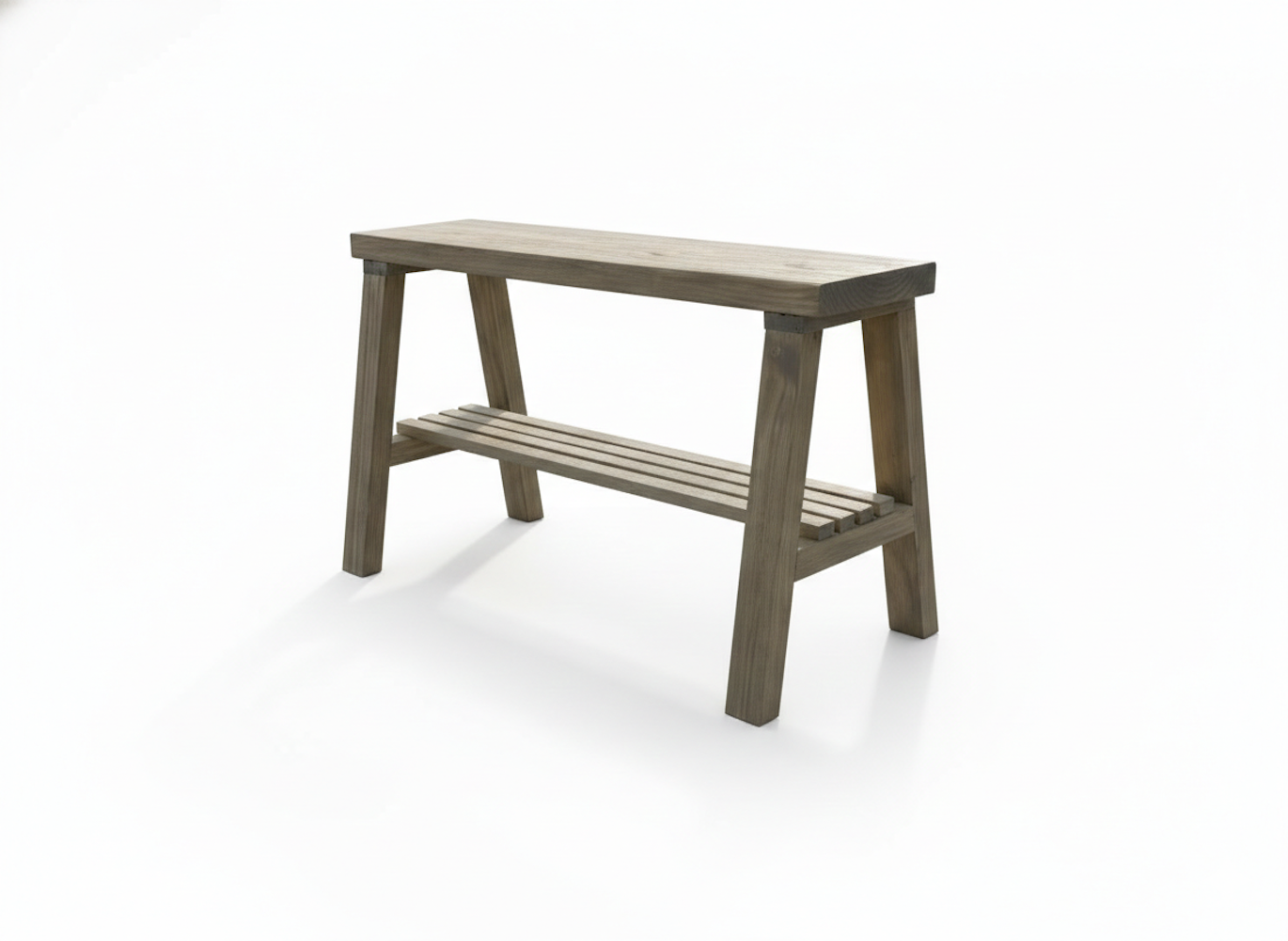 Solid wood furniture entryway bench with dark walnut top, white legs, and lower floating shelf in modern rustic style.