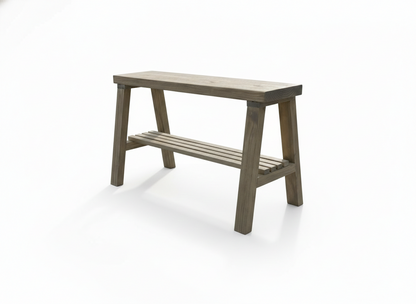 Solid wood furniture entryway bench with dark walnut top, white legs, and lower floating shelf in modern rustic style.