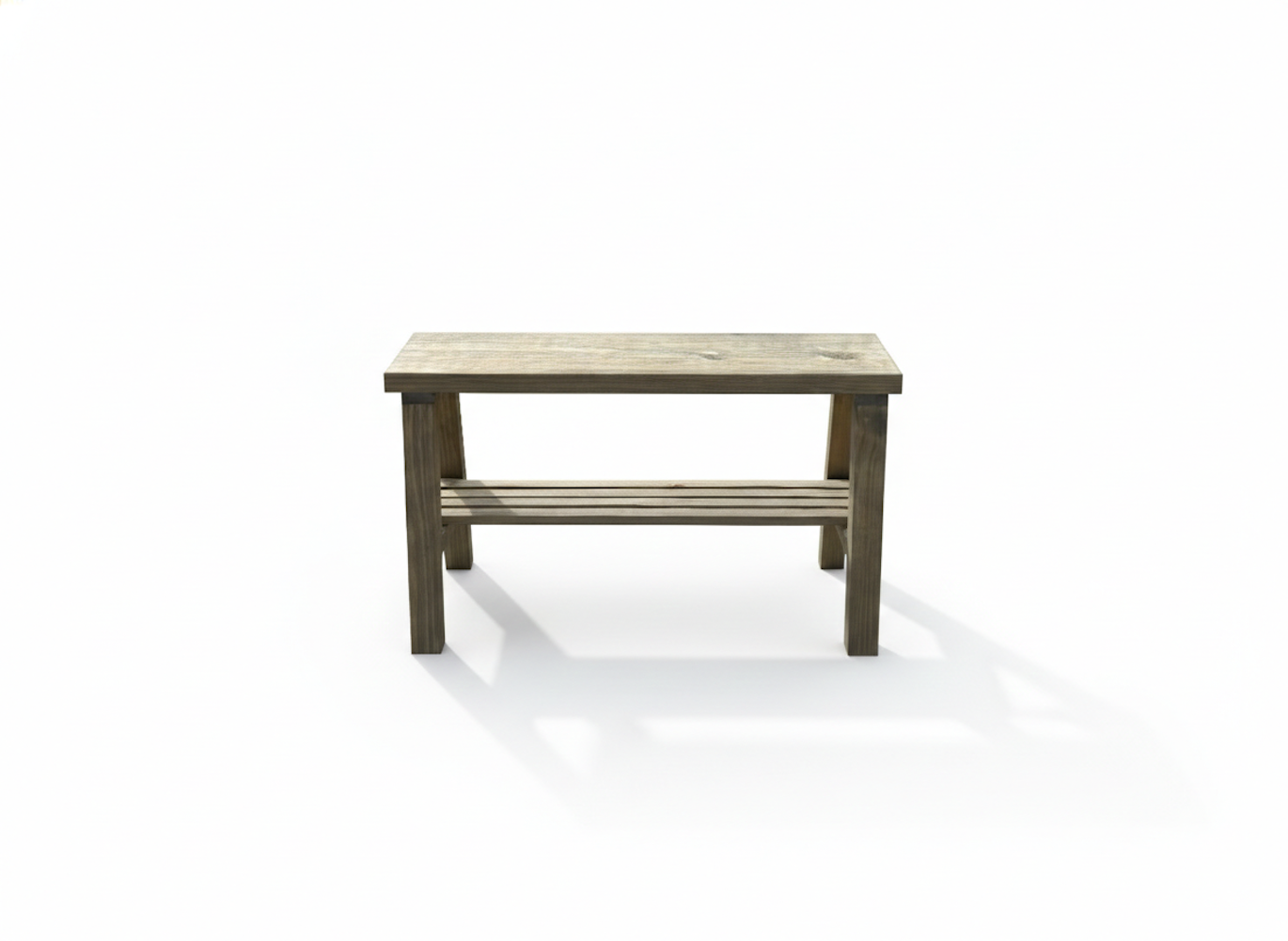 Solid wood furniture entryway bench with dark walnut top, white legs, and lower floating shelf in modern rustic style.