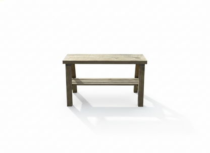 Solid wood furniture entryway bench with dark walnut top, white legs, and lower floating shelf in modern rustic style.
