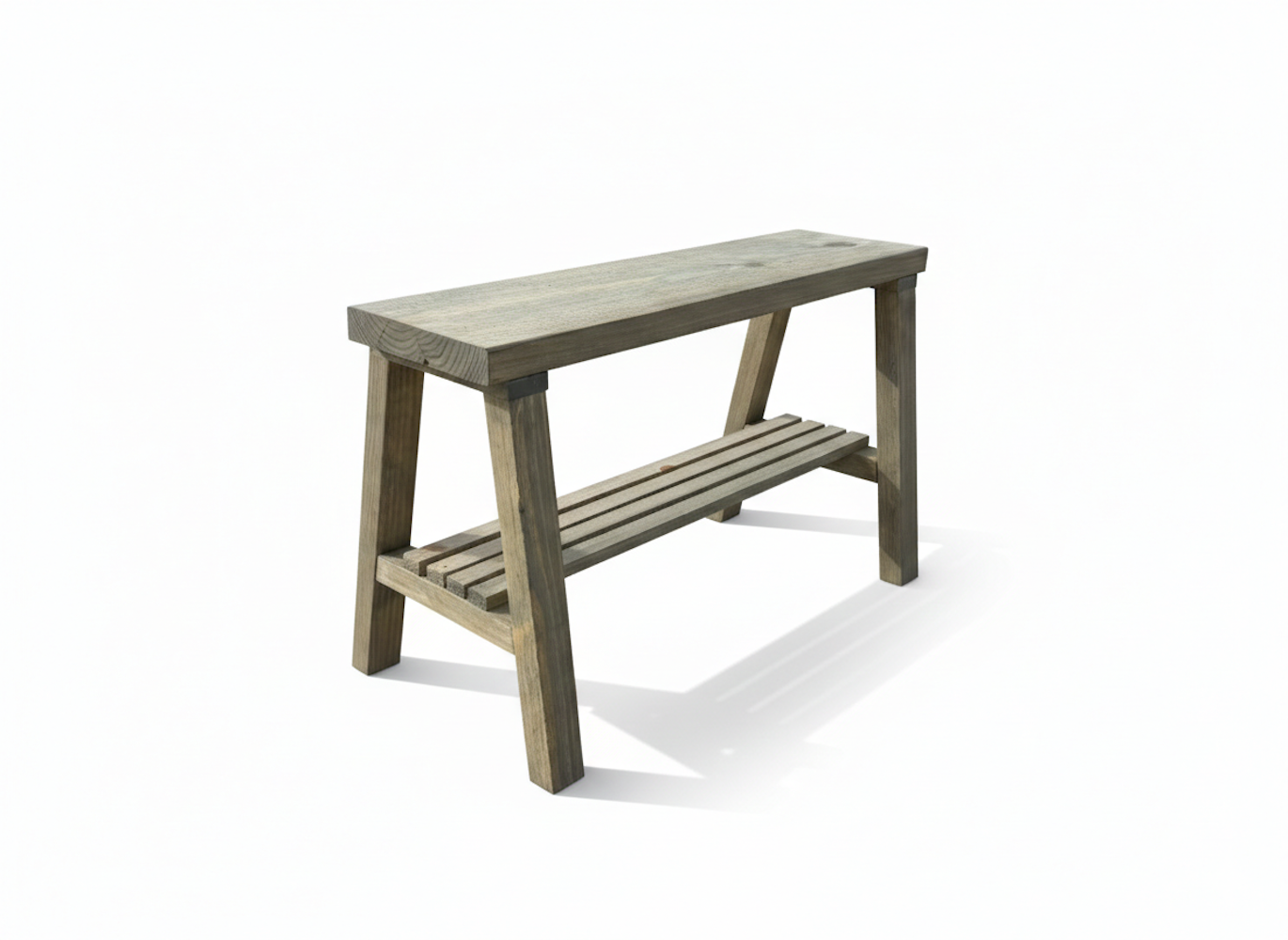 Solid wood furniture entryway bench with dark walnut top, white legs, and lower floating shelf in modern rustic style.