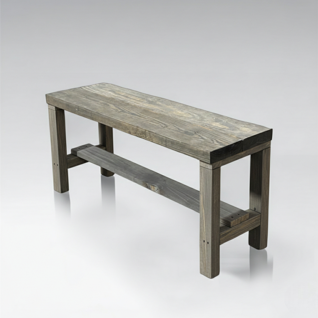 Rustic solid wood entryway bench in grey and white, handmade wood furniture with modern rustic style.