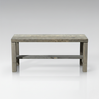 Rustic solid wood entryway bench in grey and white, handmade wood furniture with modern rustic style.