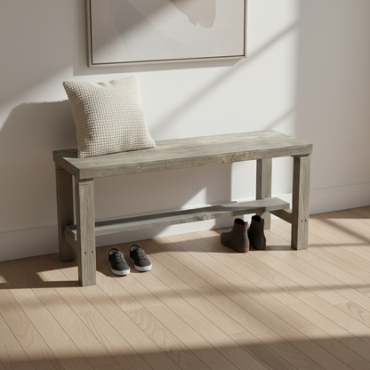 Rustic solid wood entryway bench in grey and white, handmade wood furniture with modern rustic style.