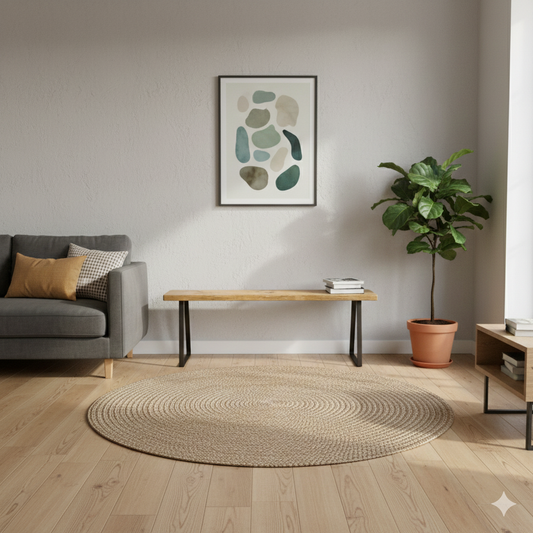 Light walnut solid wood bench with black metal legs, modern rustic furniture accent piece.