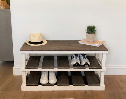 Natural solid wood furniture rustic two-tier entryway shoe rack bench with woven basket and decor.